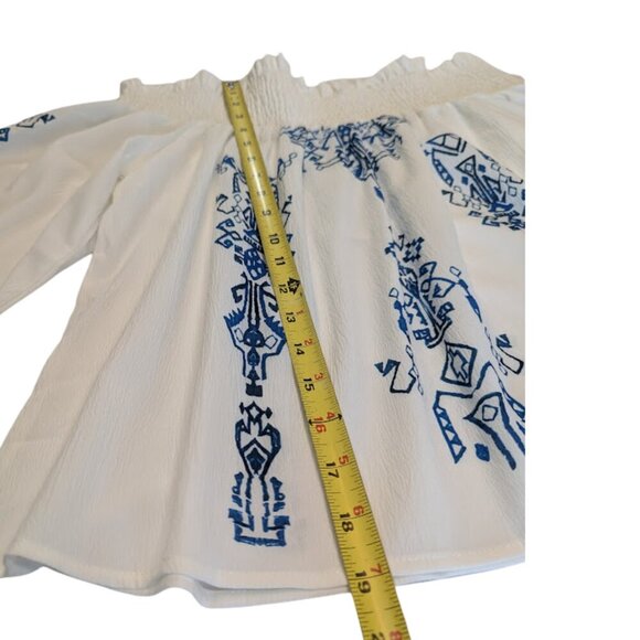 White & Blue Boho Print Off-Shoulder Top – Size L - Picture 3 of 7